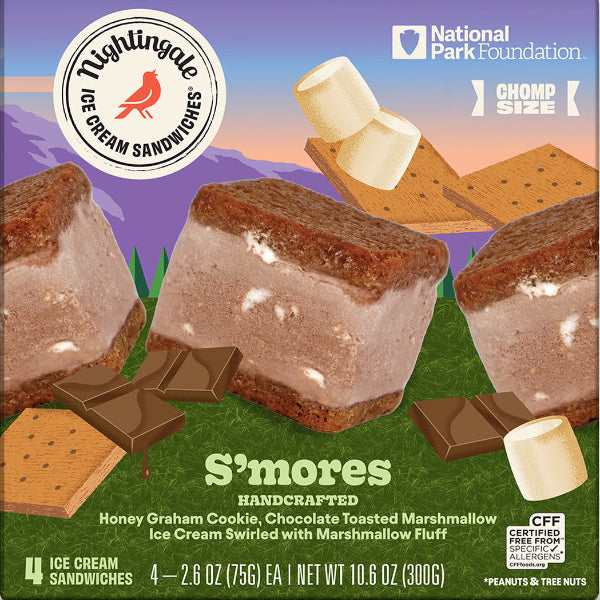 National Park Foundation Chomp 'S'mores' Handcrafted Ice Cream Sandwiches box, featuring a purple and green mountain landscape design with illustrations of chocolate-toasted marshmallow ice cream sandwiches, graham crackers, marshmallows, and chocolate pieces.